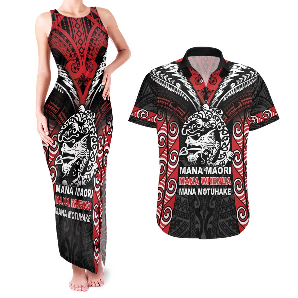 Aotearoa Mana Maori Couples Matching Tank Maxi Dress and Hawaiian Shirt Toitu Te Tiriti LT05 Black - Polynesian Pride