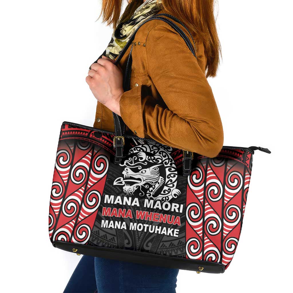 Aotearoa Mana Maori Leather Tote Bag Toitu Te Tiriti LT05 Black - Polynesian Pride