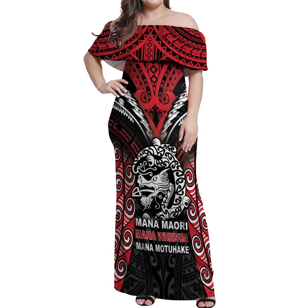 Aotearoa Mana Maori Off Shoulder Maxi Dress Toitu Te Tiriti LT05 Women Black - Polynesian Pride