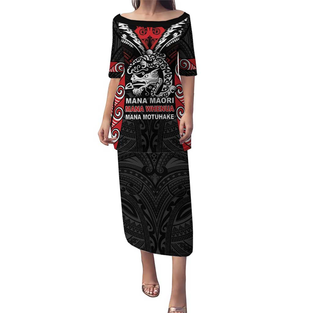 Aotearoa Mana Maori Puletasi Toitu Te Tiriti LT05 Long Dress Black - Polynesian Pride