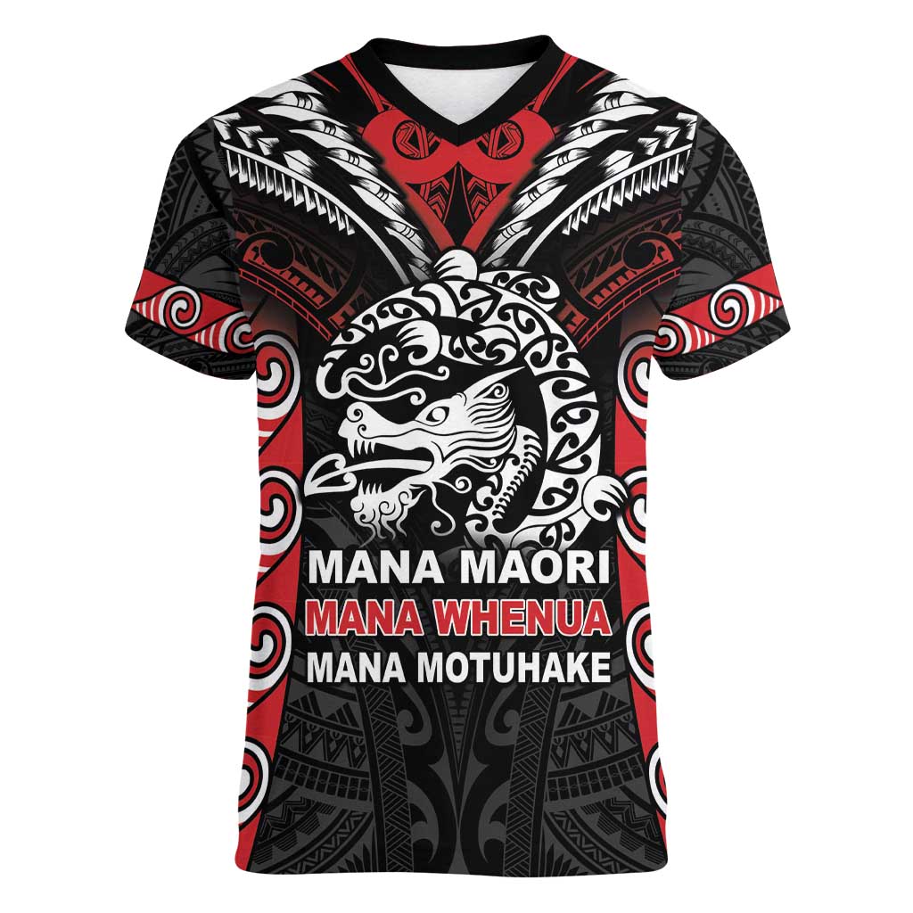 Aotearoa Mana Maori Women V-Neck T-Shirt Toitu Te Tiriti LT05 Female Black - Polynesian Pride