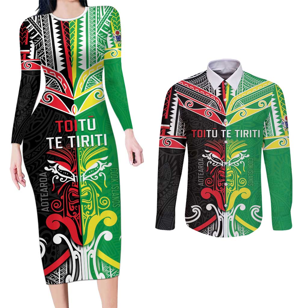 Cook Islands And Aotearoa Couples Matching Long Sleeve Bodycon Dress and Long Sleeve Button Shirt Together For Te Tiriti O Waitangi