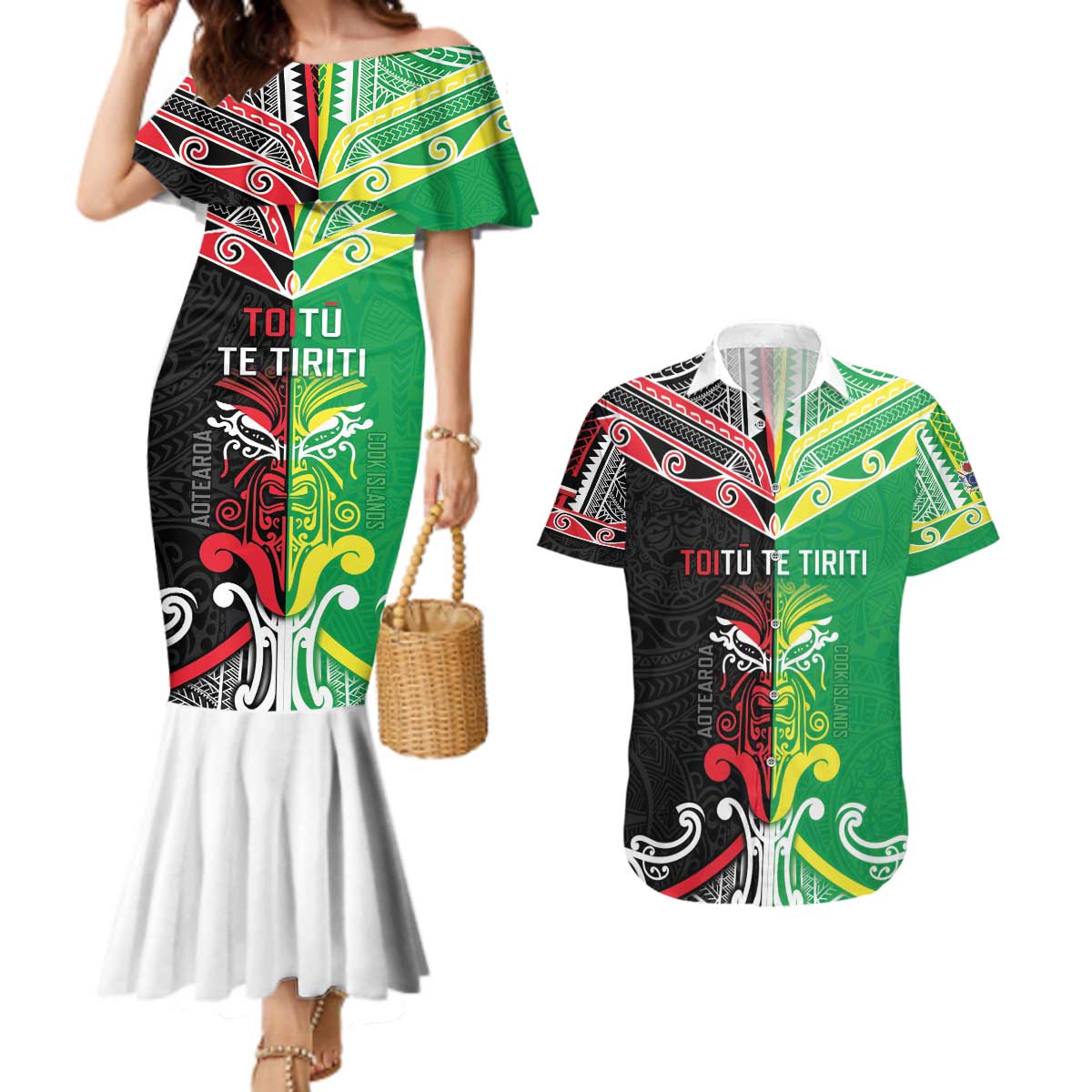 Cook Islands And Aotearoa Couples Matching Mermaid Dress and Hawaiian Shirt Together For Te Tiriti O Waitangi