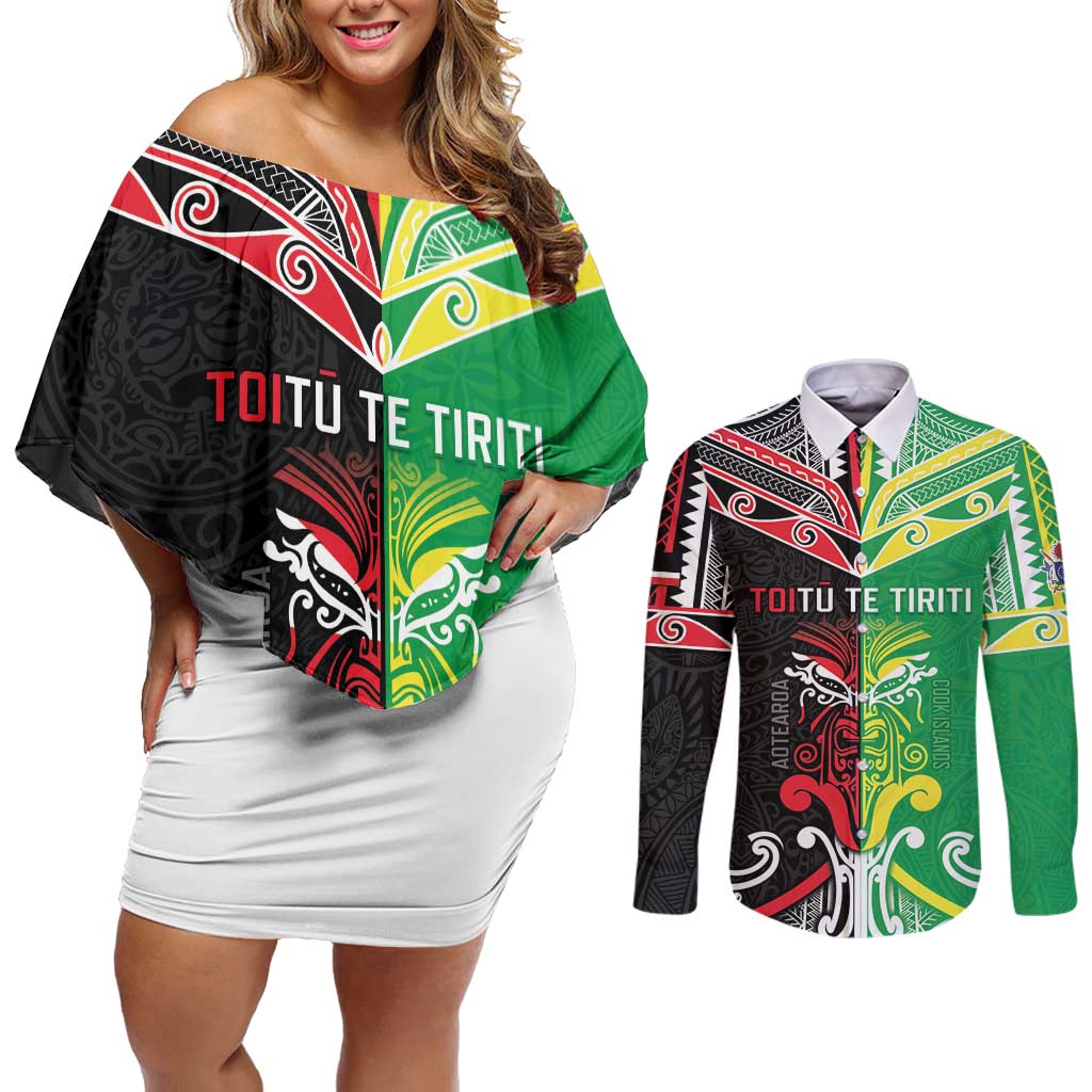 Cook Islands And Aotearoa Couples Matching Off Shoulder Short Dress and Long Sleeve Button Shirt Together For Te Tiriti O Waitangi LT05 Black - Polynesian Pride