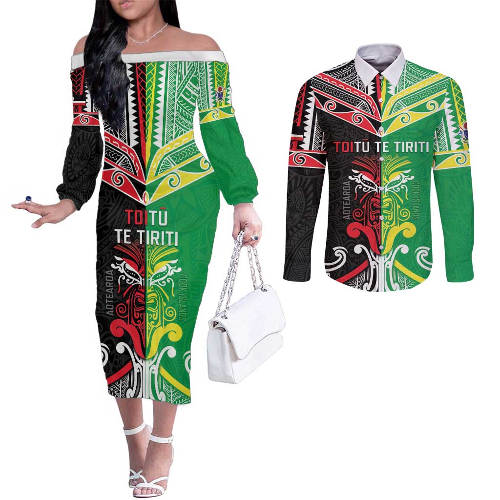 Cook Islands And Aotearoa Couples Matching Off The Shoulder Long Sleeve Dress and Long Sleeve Button Shirt Together For Te Tiriti O Waitangi LT05 Black - Polynesian Pride