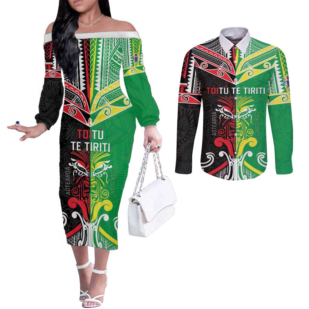 Cook Islands And Aotearoa Couples Matching Off The Shoulder Long Sleeve Dress and Long Sleeve Button Shirt Together For Te Tiriti O Waitangi