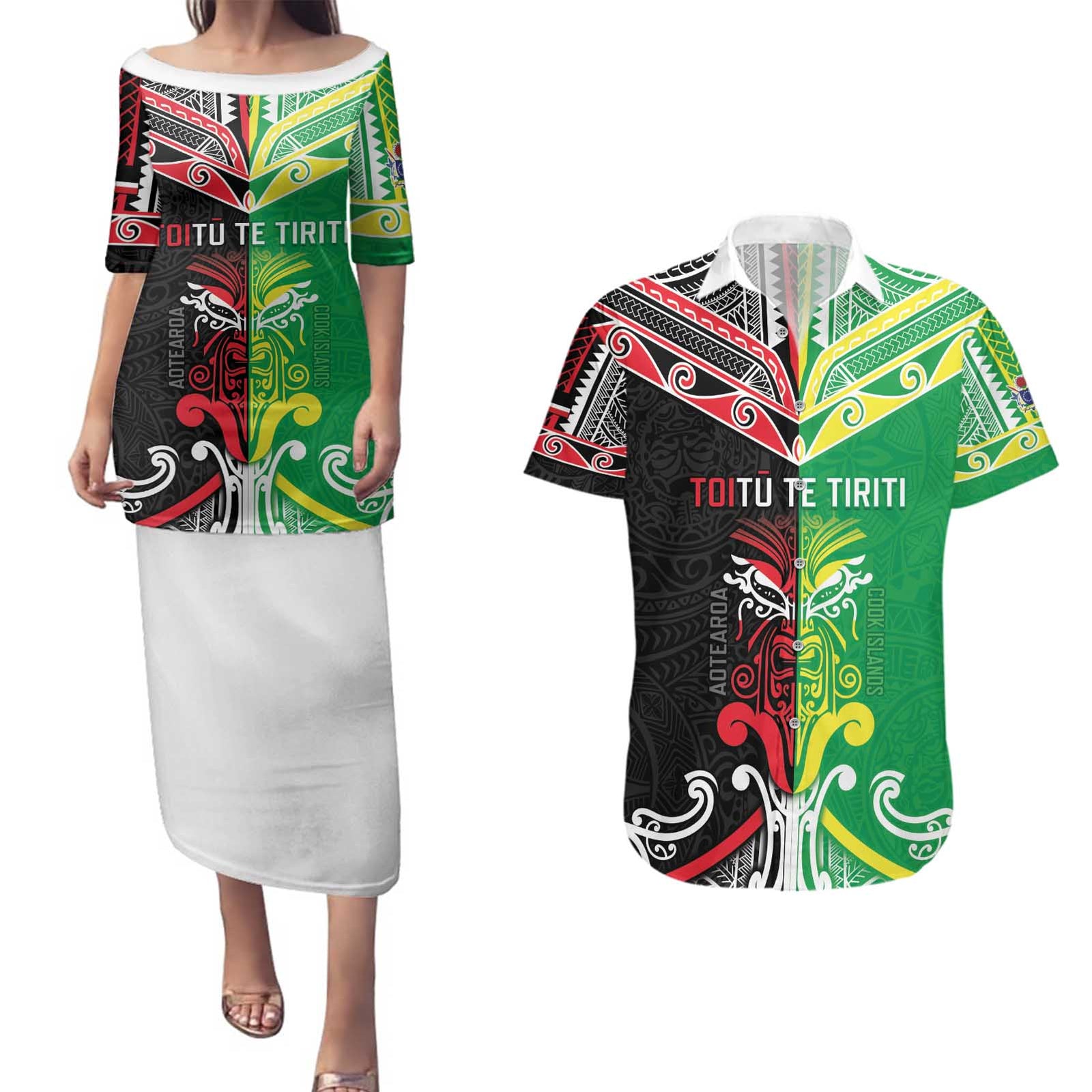 Cook Islands And Aotearoa Couples Matching Puletasi and Hawaiian Shirt Together For Te Tiriti O Waitangi LT05 Black - Polynesian Pride