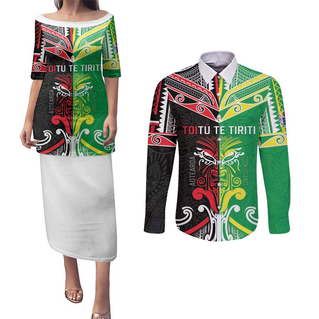 Cook Islands And Aotearoa Couples Matching Puletasi and Long Sleeve Button Shirt Together For Te Tiriti O Waitangi LT05 Black - Polynesian Pride
