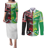 Cook Islands And Aotearoa Couples Matching Puletasi and Long Sleeve Button Shirt Together For Te Tiriti O Waitangi LT05 Black - Polynesian Pride