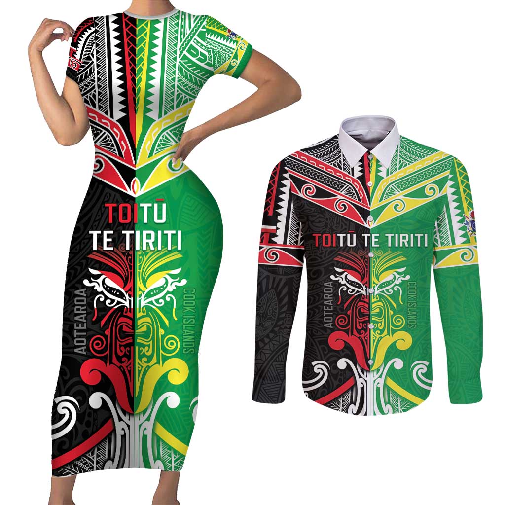 Cook Islands And Aotearoa Couples Matching Short Sleeve Bodycon Dress and Long Sleeve Button Shirt Together For Te Tiriti O Waitangi LT05 Black - Polynesian Pride