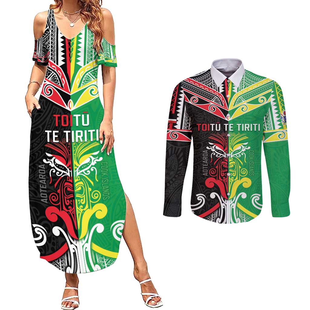 Cook Islands And Aotearoa Couples Matching Summer Maxi Dress and Long Sleeve Button Shirt Together For Te Tiriti O Waitangi