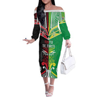 Cook Islands And Aotearoa Family Matching Off The Shoulder Long Sleeve Dress and Hawaiian Shirt Together For Te Tiriti O Waitangi