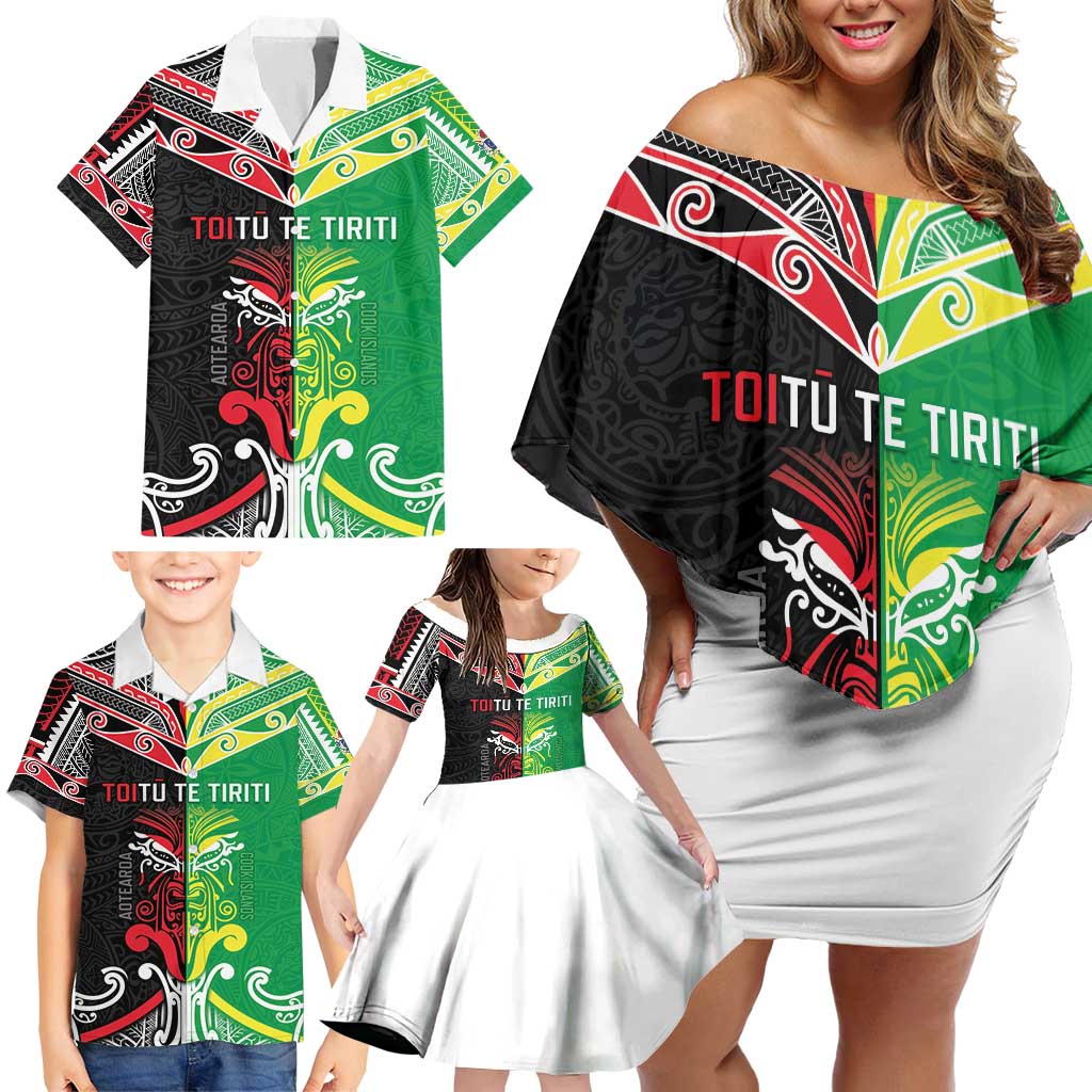 Cook Islands And Aotearoa Family Matching Off Shoulder Short Dress and Hawaiian Shirt Together For Te Tiriti O Waitangi