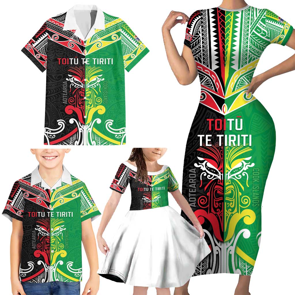 Cook Islands And Aotearoa Family Matching Short Sleeve Bodycon Dress and Hawaiian Shirt Together For Te Tiriti O Waitangi