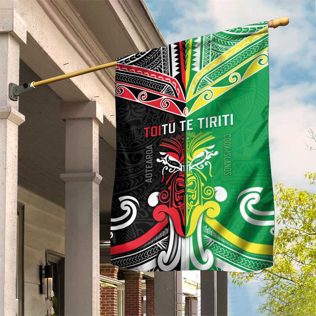 Cook Islands And Aotearoa Garden Flag Together For Te Tiriti O Waitangi LT05 House Flag Black - Polynesian Pride
