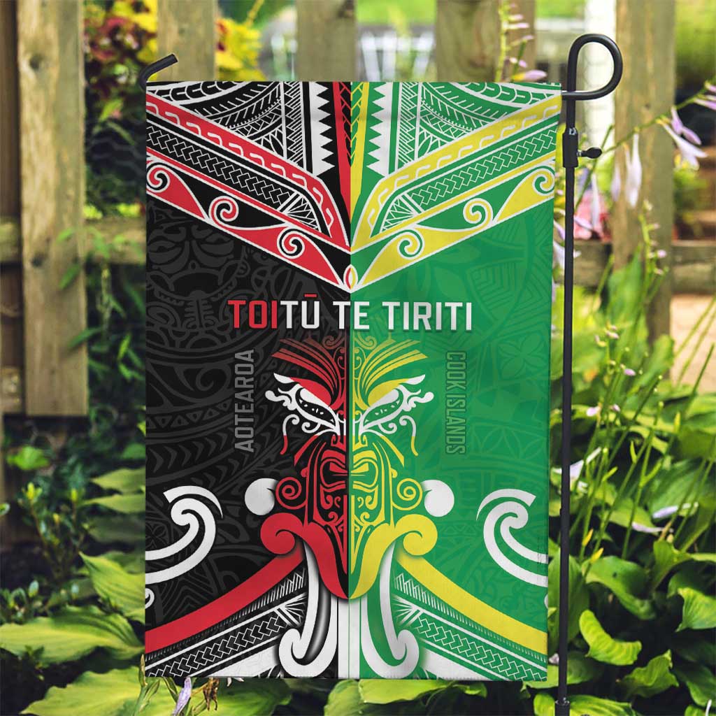 Cook Islands And Aotearoa Garden Flag Together For Te Tiriti O Waitangi LT05 Garden Flag Black - Polynesian Pride