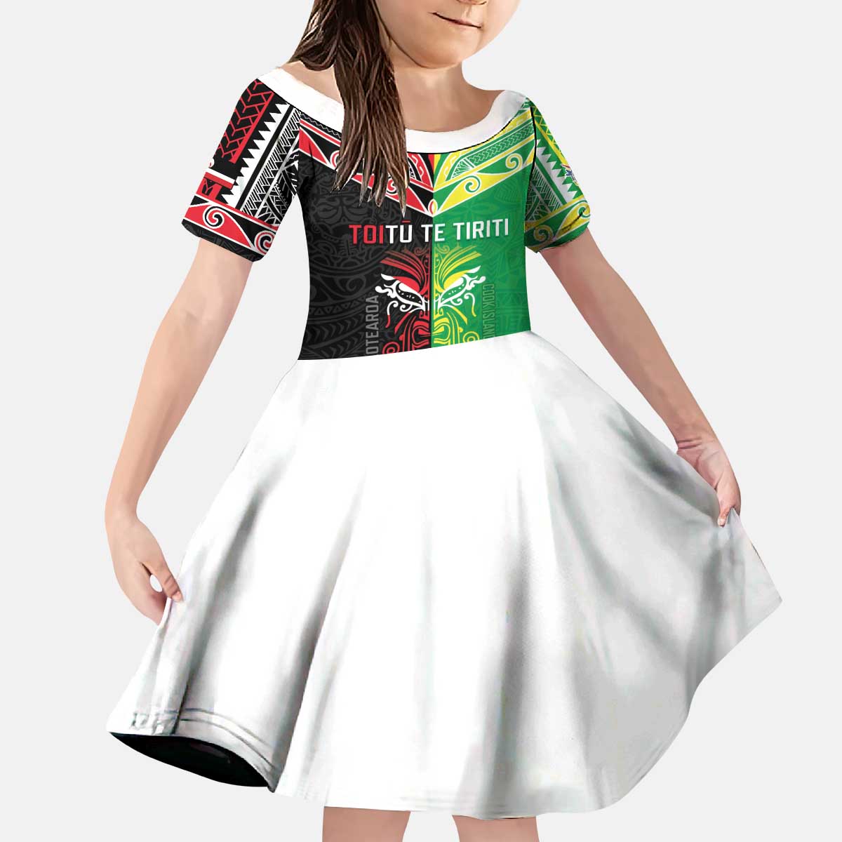 Cook Islands And Aotearoa Kid Short Sleeve Dress Together For Te Tiriti O Waitangi LT05 KID Black - Polynesian Pride