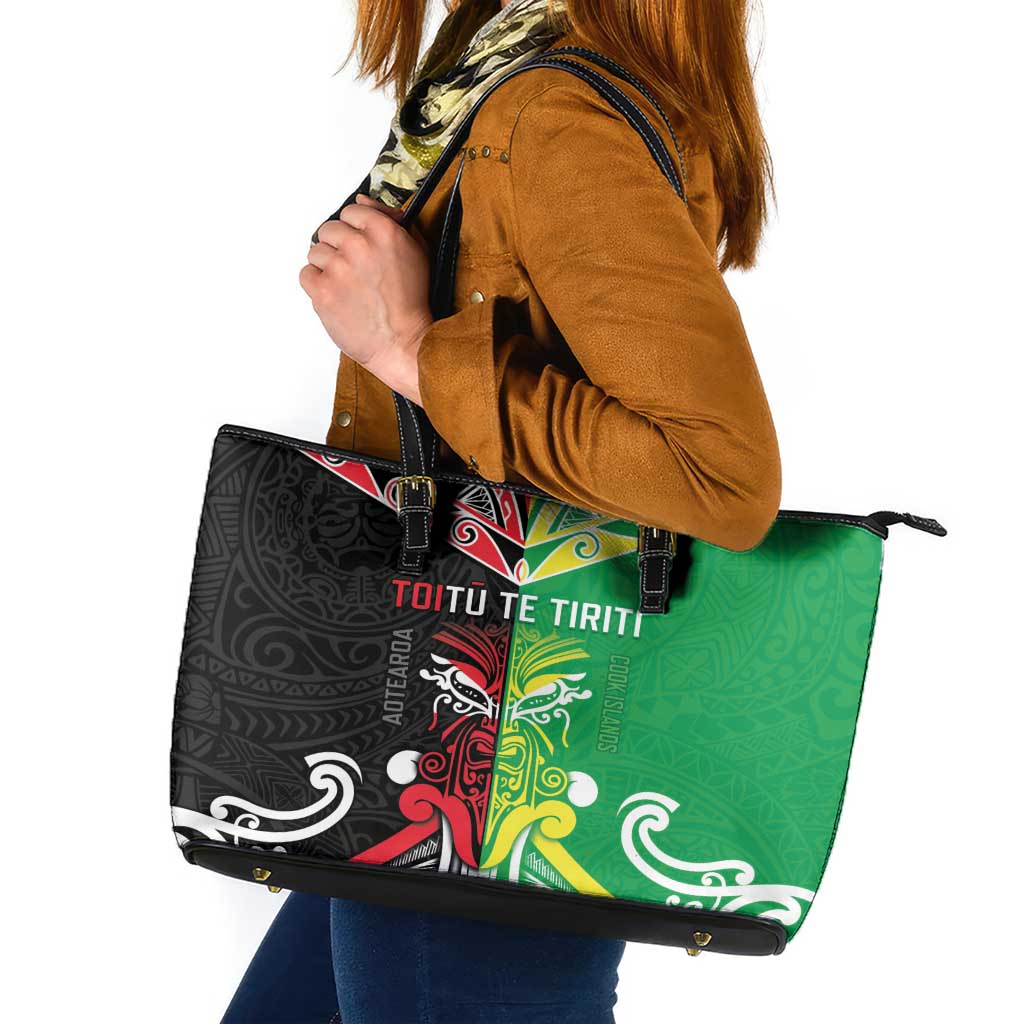 Cook Islands And Aotearoa Leather Tote Bag Together For Te Tiriti O Waitangi LT05 Black - Polynesian Pride