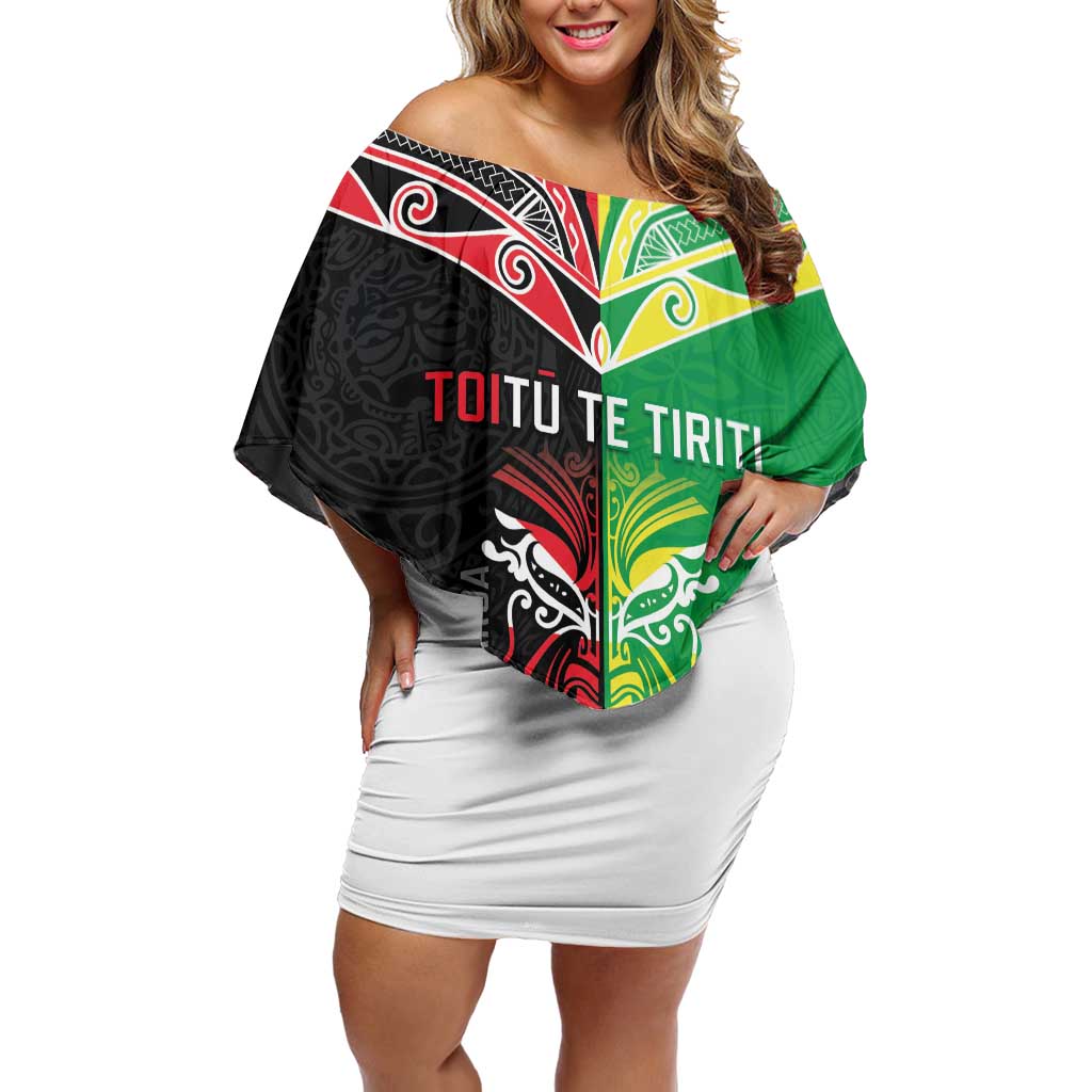 Cook Islands And Aotearoa Off Shoulder Short Dress Together For Te Tiriti O Waitangi LT05 Women Black - Polynesian Pride