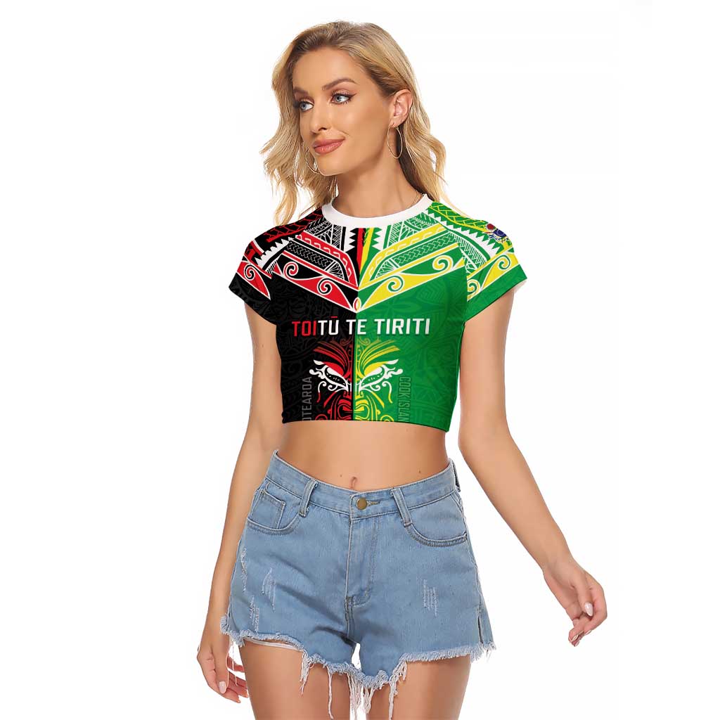 Cook Islands And Aotearoa Raglan Cropped T Shirt Together For Te Tiriti O Waitangi LT05 Female Black - Polynesian Pride