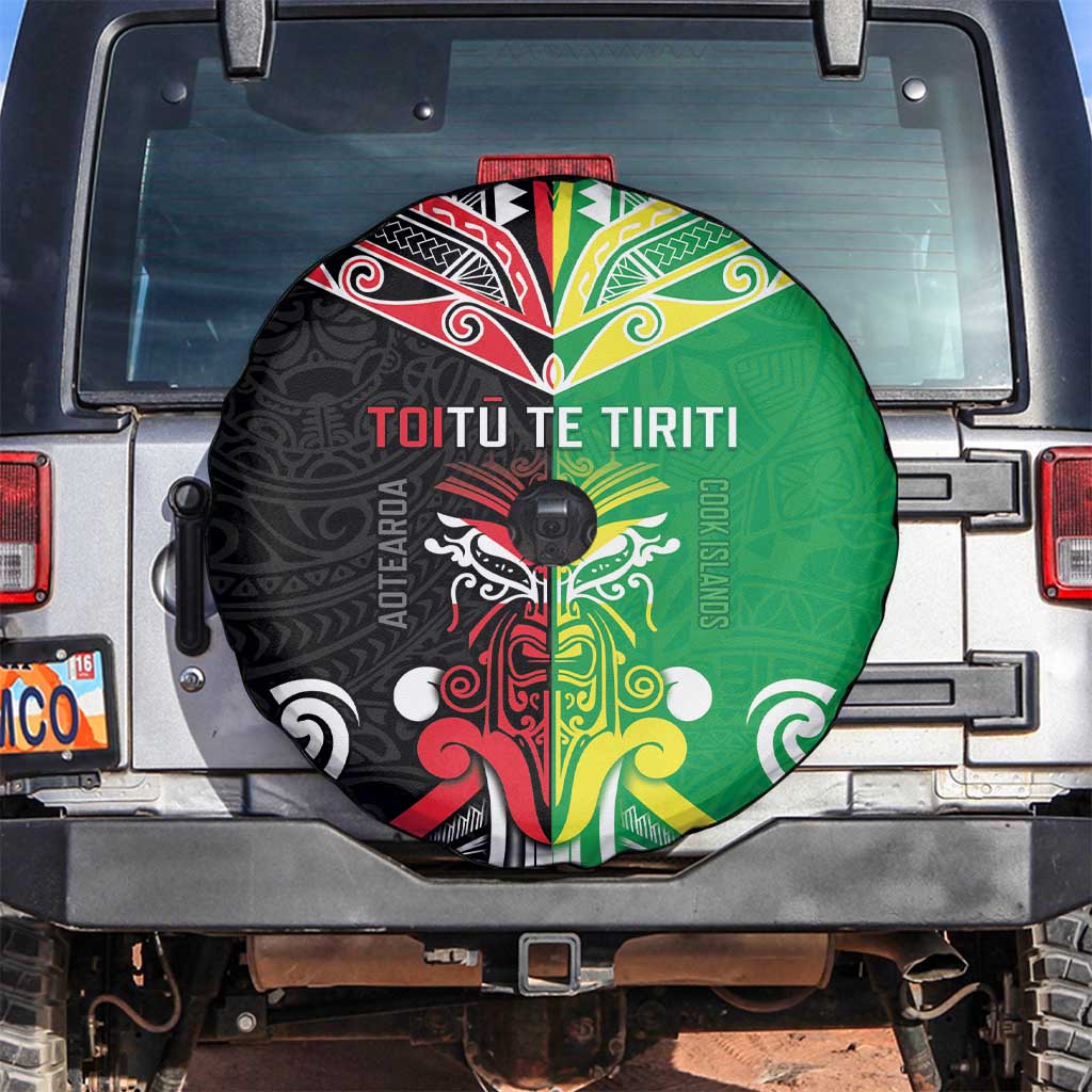 Cook Islands And Aotearoa Spare Tire Cover Together For Te Tiriti O Waitangi LT05 Black - Polynesian Pride