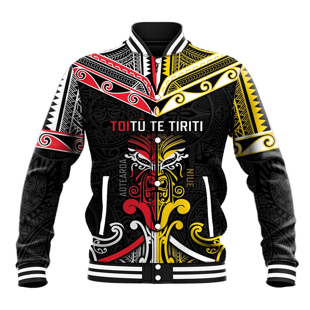 Niue And Aotearoa Baseball Jacket Together For Te Tiriti O Waitangi LT05 Unisex Black - Polynesian Pride
