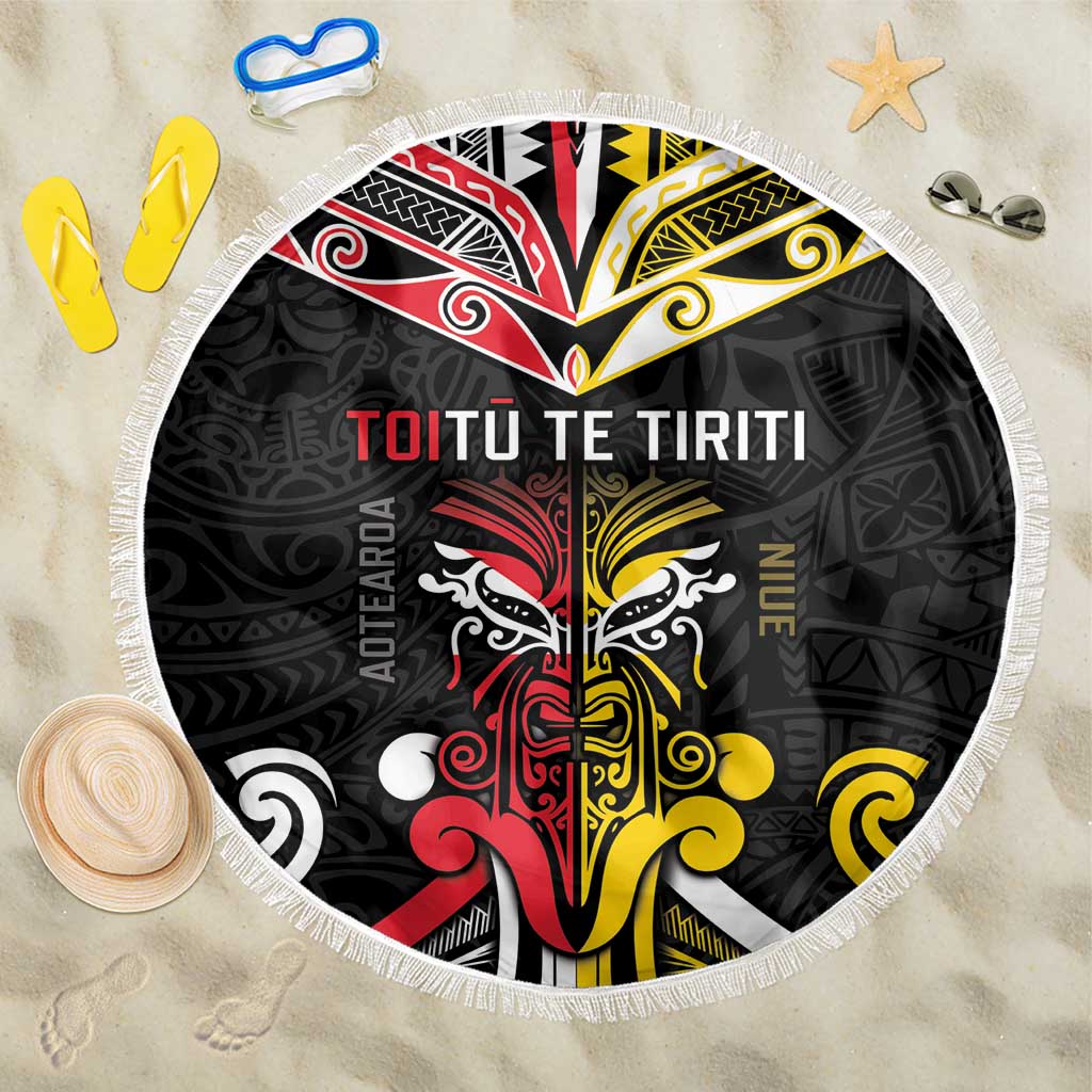 Niue And Aotearoa Beach Blanket Together For Te Tiriti O Waitangi LT05 One Size 150cm Black - Polynesian Pride