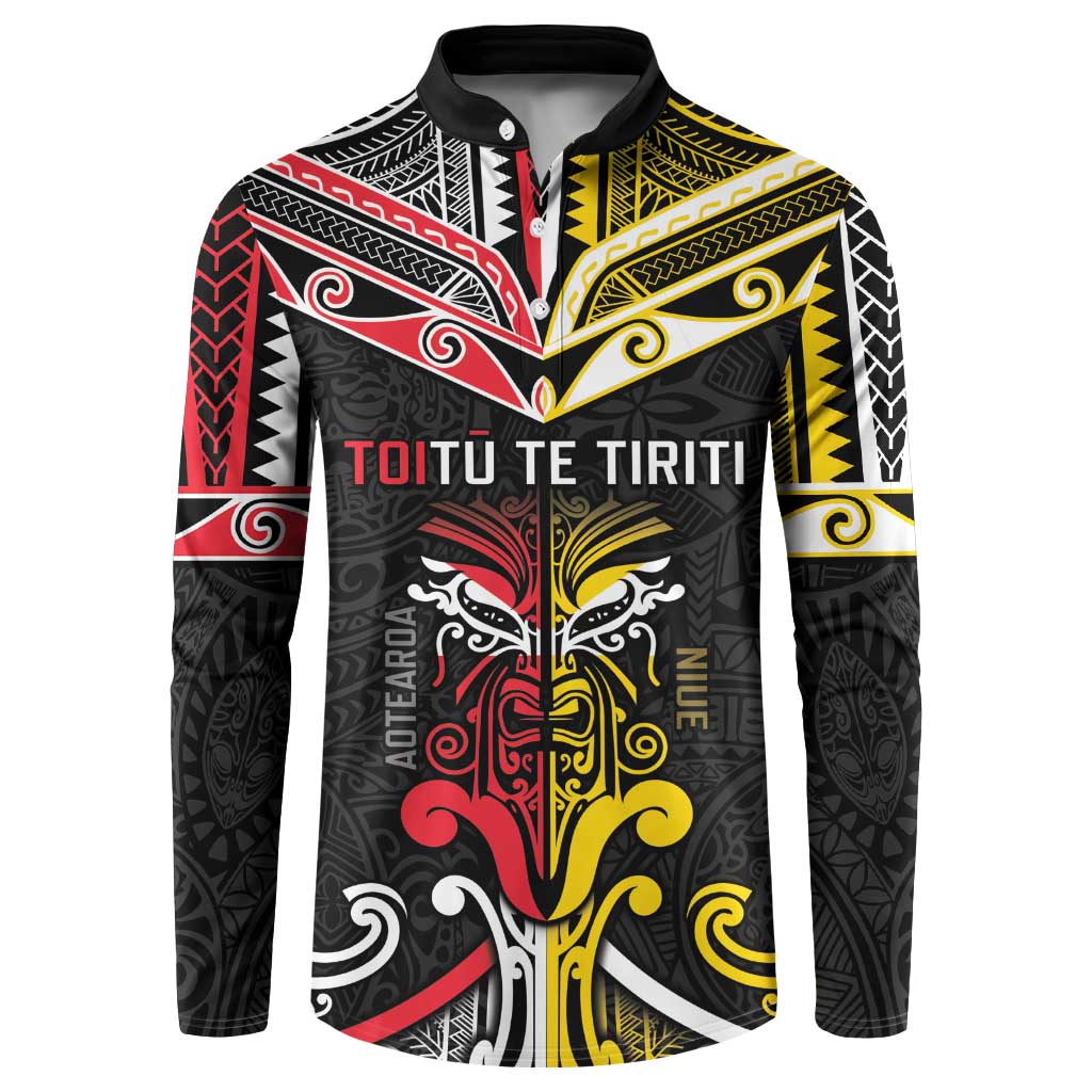 Niue And Aotearoa Button Sweatshirt Together For Te Tiriti O Waitangi LT05 Black - Polynesian Pride