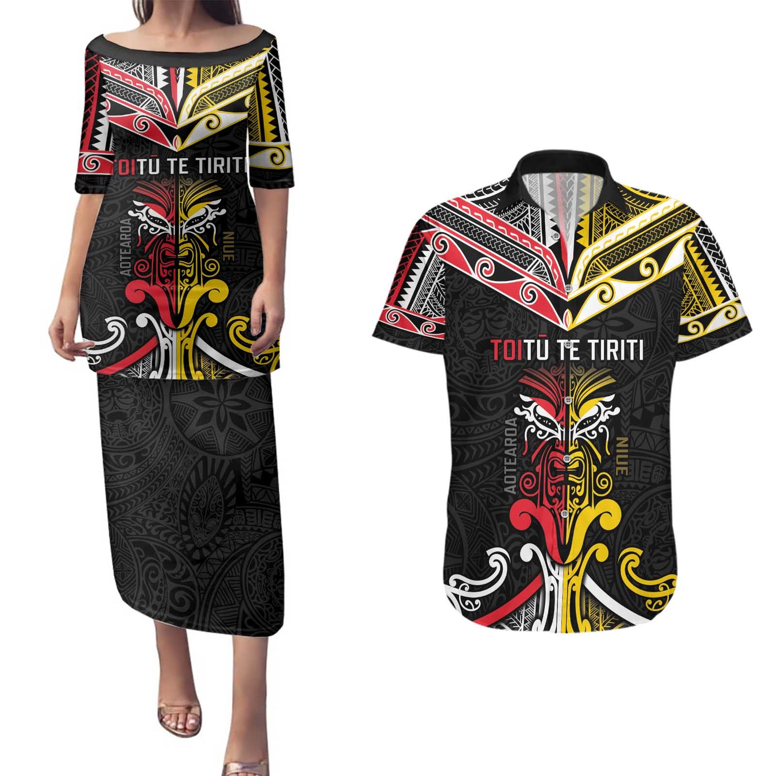 Niue And Aotearoa Couples Matching Puletasi and Hawaiian Shirt Together For Te Tiriti O Waitangi LT05 Black - Polynesian Pride