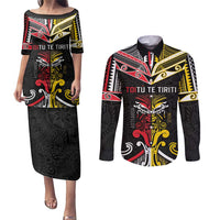 Niue And Aotearoa Couples Matching Puletasi and Long Sleeve Button Shirt Together For Te Tiriti O Waitangi LT05 Black - Polynesian Pride