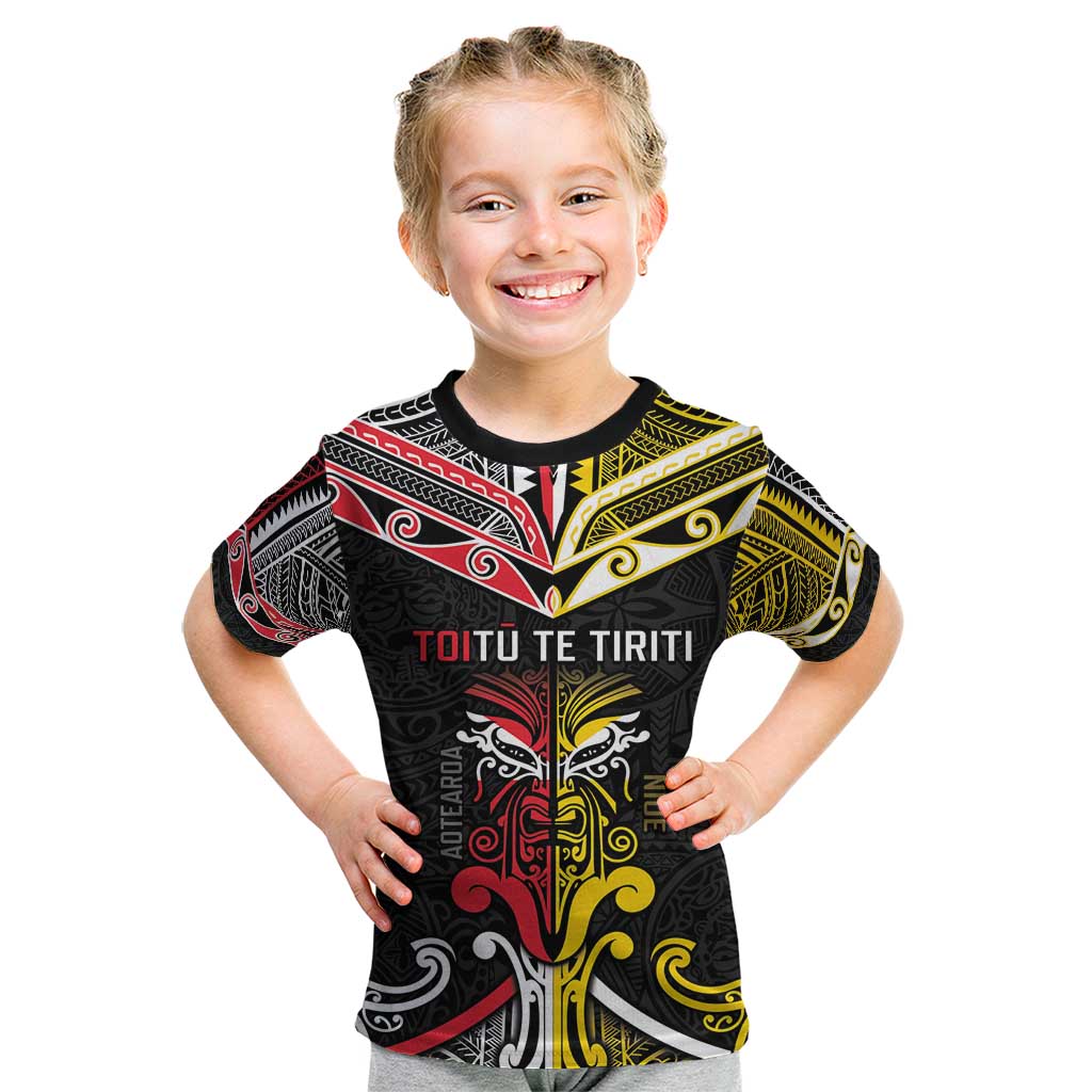 Niue And Aotearoa Kid T Shirt Together For Te Tiriti O Waitangi LT05 Black - Polynesian Pride