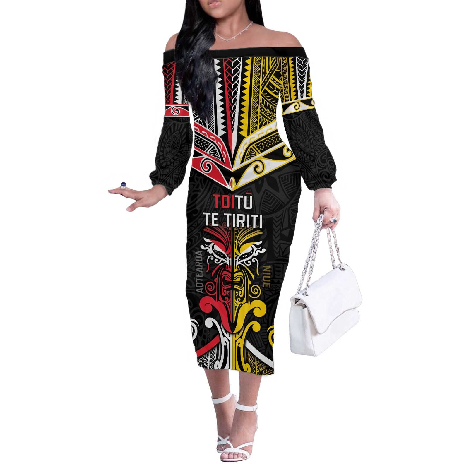 Niue And Aotearoa Off The Shoulder Long Sleeve Dress Together For Te Tiriti O Waitangi