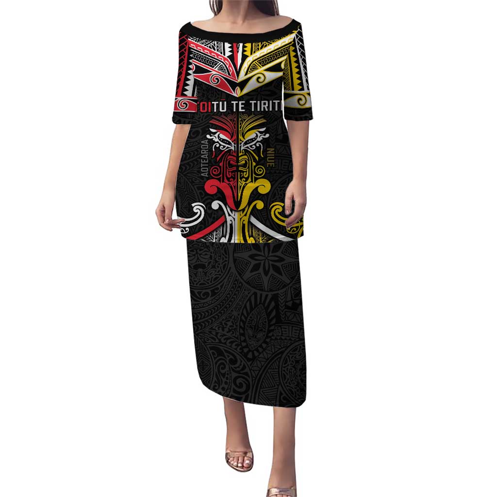 Niue And Aotearoa Puletasi Together For Te Tiriti O Waitangi LT05 Long Dress Black - Polynesian Pride