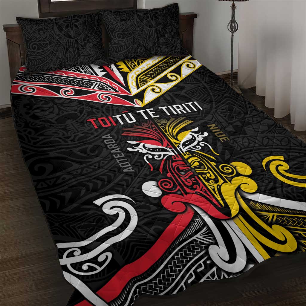 Niue And Aotearoa Quilt Bed Set Together For Te Tiriti O Waitangi LT05 Black - Polynesian Pride