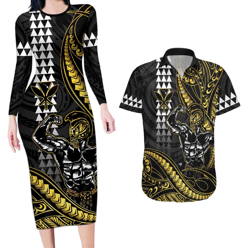 Hawaii Ikaika Warrior Helmet Couples Matching Long Sleeve Bodycon Dress and Hawaiian Shirt Gold Style