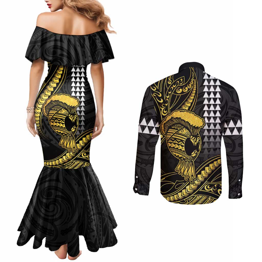 Hawaii Ikaika Warrior Helmet Couples Matching Mermaid Dress and Long Sleeve Button Shirt Gold Style