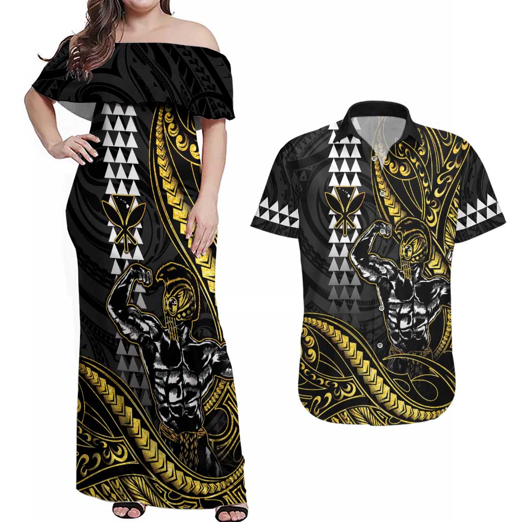 Hawaii Ikaika Warrior Helmet Couples Matching Off Shoulder Maxi Dress and Hawaiian Shirt Gold Style