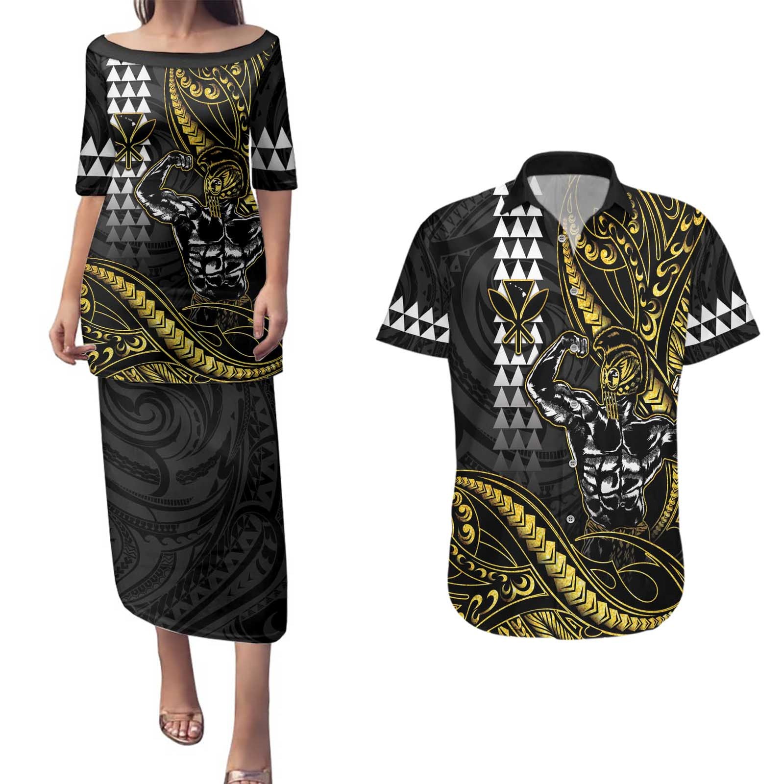 Hawaii Ikaika Warrior Helmet Couples Matching Puletasi and Hawaiian Shirt Gold Style