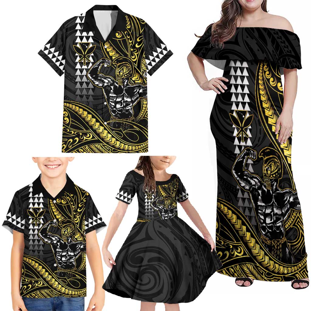 Hawaii Ikaika Warrior Helmet Family Matching Off Shoulder Maxi Dress and Hawaiian Shirt Gold Style