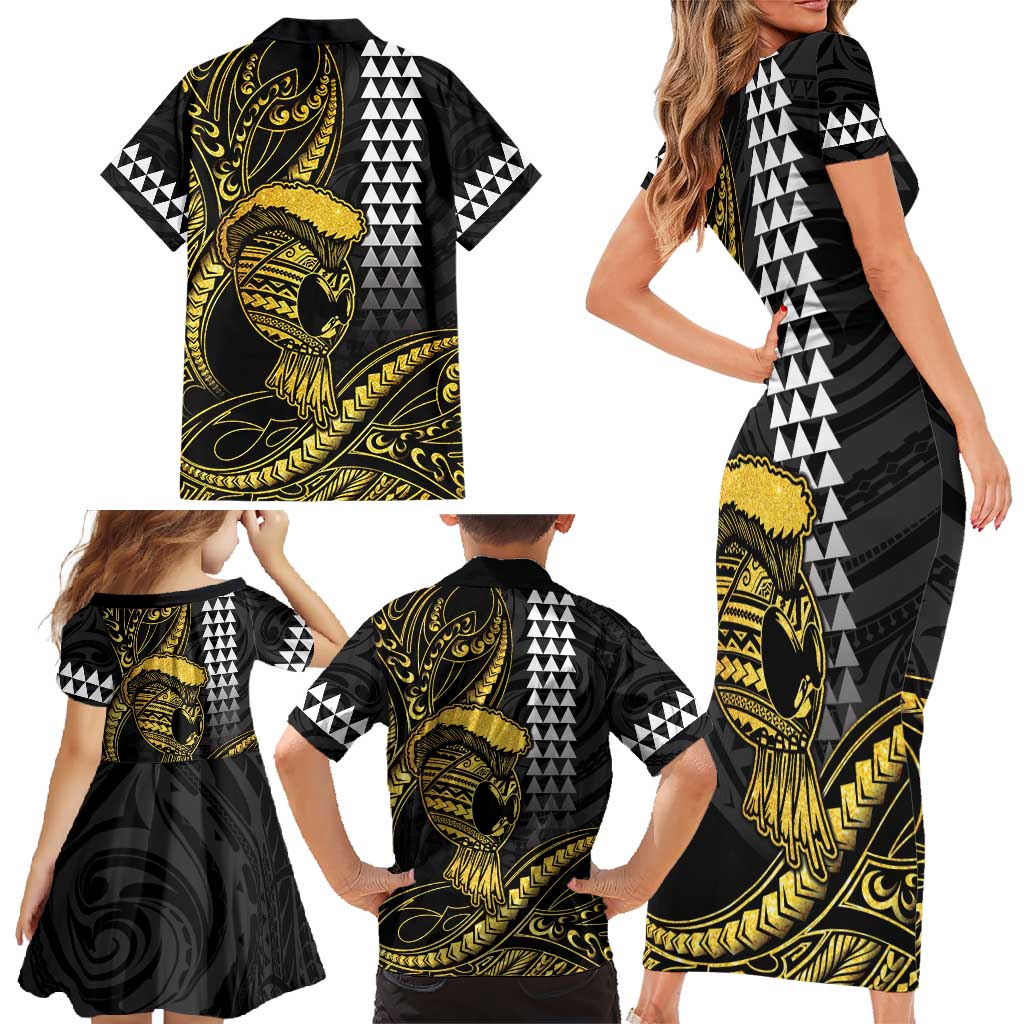 Hawaii Ikaika Warrior Helmet Family Matching Short Sleeve Bodycon Dress and Hawaiian Shirt Gold Style