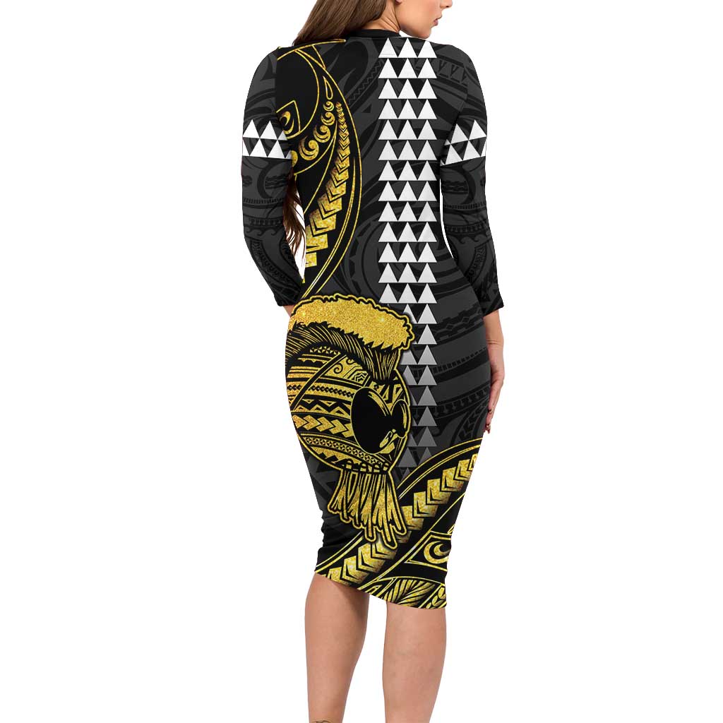 Hawaii Ikaika Warrior Helmet Long Sleeve Bodycon Dress Gold Style