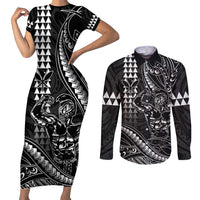 Hawaii Ikaika Warrior Helmet Couples Matching Short Sleeve Bodycon Dress and Long Sleeve Button Shirt Black Tribal Tattoo