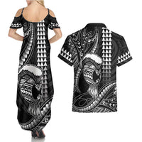 Hawaii Ikaika Warrior Helmet Couples Matching Summer Maxi Dress and Hawaiian Shirt Black Tribal Tattoo