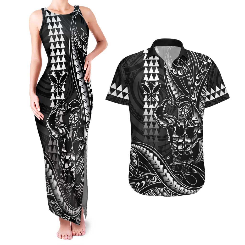 Hawaii Ikaika Warrior Helmet Couples Matching Tank Maxi Dress and Hawaiian Shirt Black Tribal Tattoo