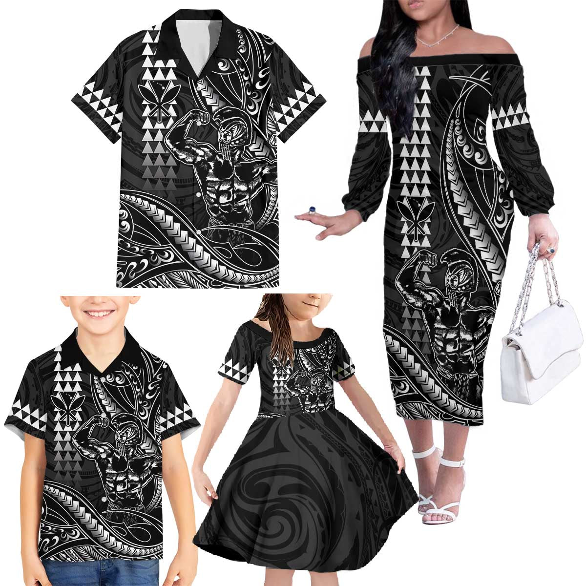 Hawaii Ikaika Warrior Helmet Family Matching Off The Shoulder Long Sleeve Dress and Hawaiian Shirt Black Tribal Tattoo