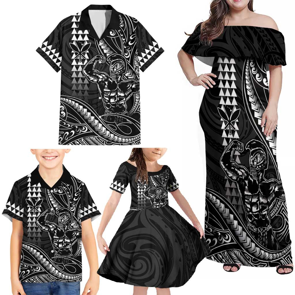 Hawaii Ikaika Warrior Helmet Family Matching Off Shoulder Maxi Dress and Hawaiian Shirt Black Tribal Tattoo