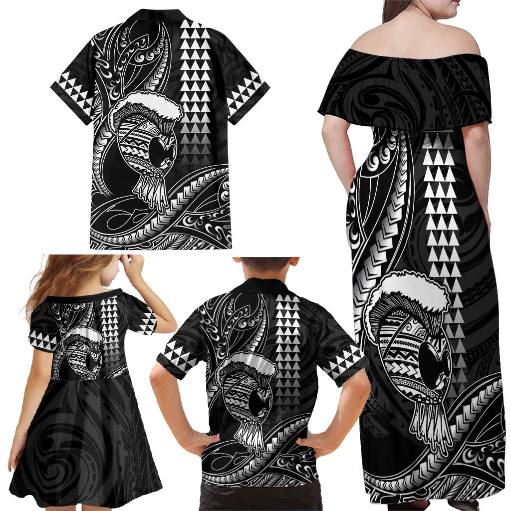 Hawaii Ikaika Warrior Helmet Family Matching Off Shoulder Maxi Dress and Hawaiian Shirt Black Tribal Tattoo