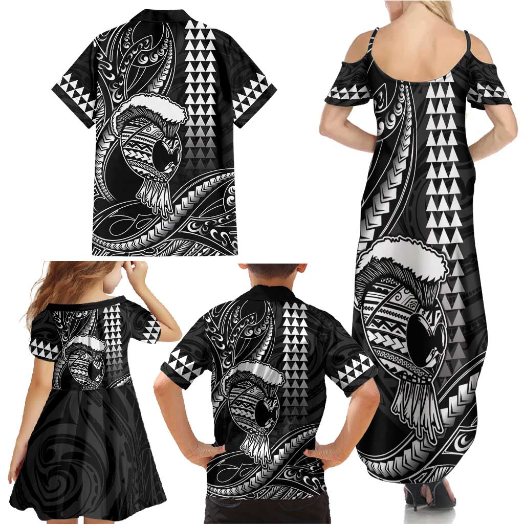 Hawaii Ikaika Warrior Helmet Family Matching Summer Maxi Dress and Hawaiian Shirt Black Tribal Tattoo