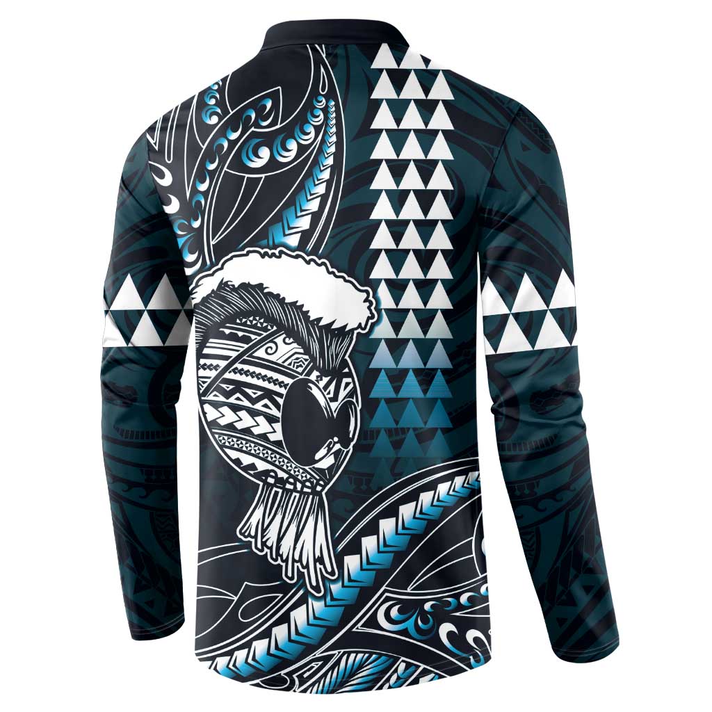 Hawaii Ikaika Warrior Helmet Button Sweatshirt Blue Tribal Tattoo