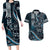 Hawaii Ikaika Warrior Helmet Couples Matching Long Sleeve Bodycon Dress and Hawaiian Shirt Blue Tribal Tattoo